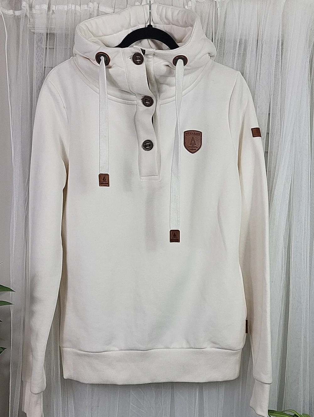 Wanakome Cream Funnel Neck Pullover with Button Placket. Size M